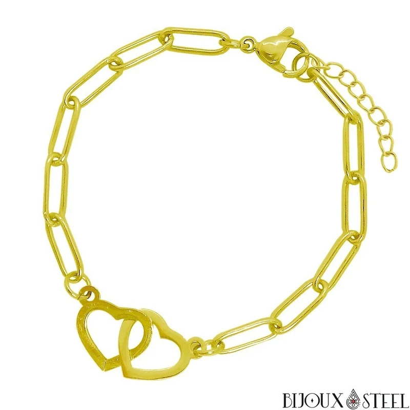 Bracelet chaine trombone double coeur en acier inoxydable
