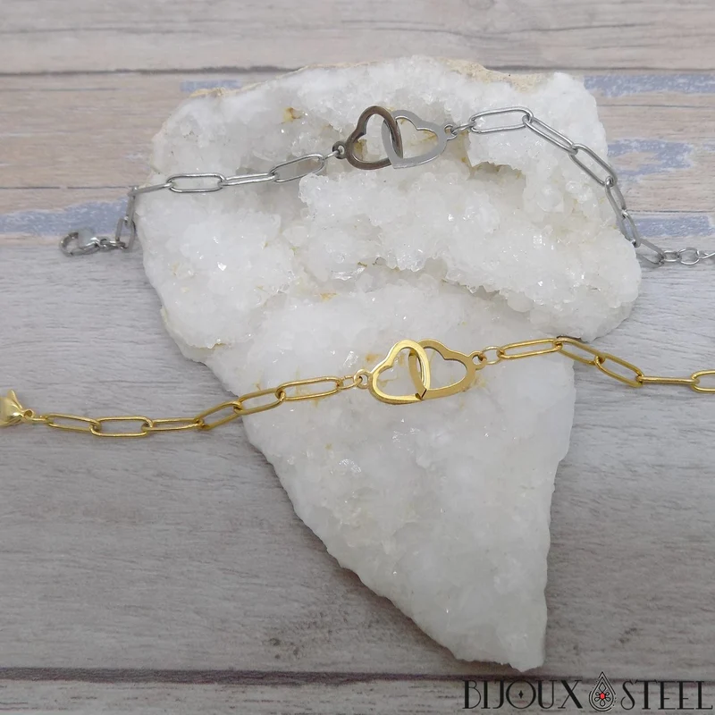 Bracelet chaine trombone double coeur en acier inoxydable