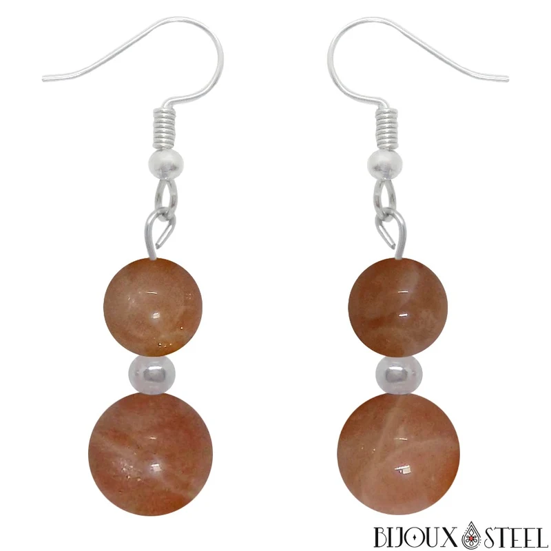 Boucles d'oreilles pendantes doubles perles en pierre du soleil