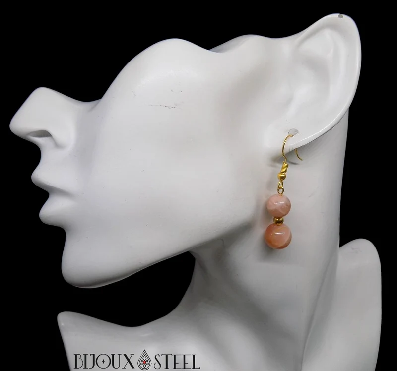 Boucles d'oreilles pendantes doubles perles en pierre du soleil