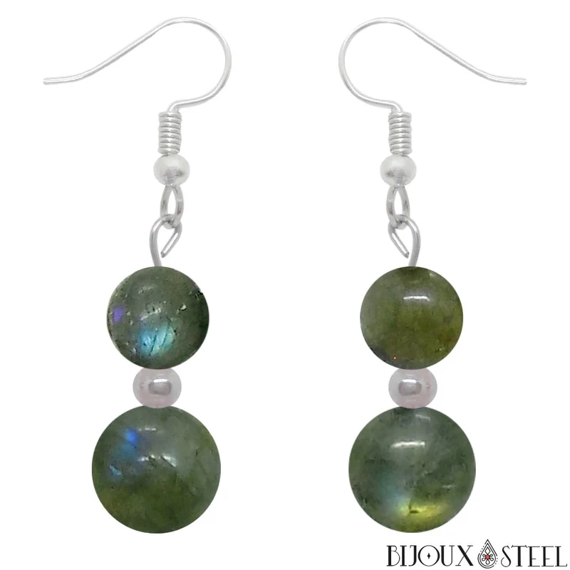 Boucles d'oreilles pendantes doubles perles de labradorite