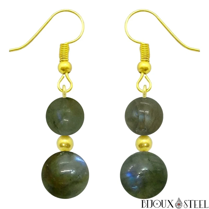 Boucles d'oreilles pendantes doubles perles de labradorite