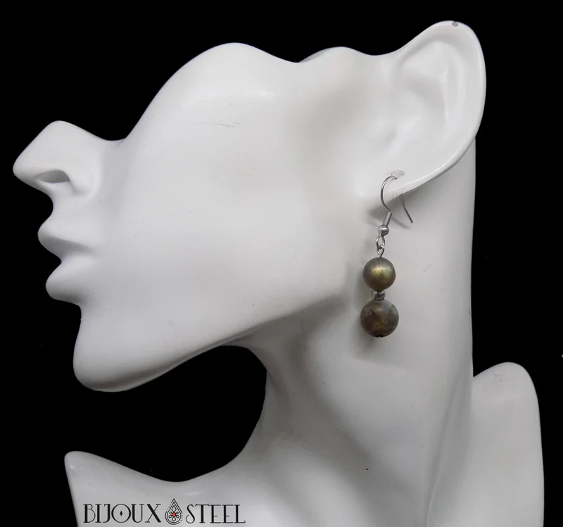 Boucles d'oreilles pendantes doubles perles de labradorite