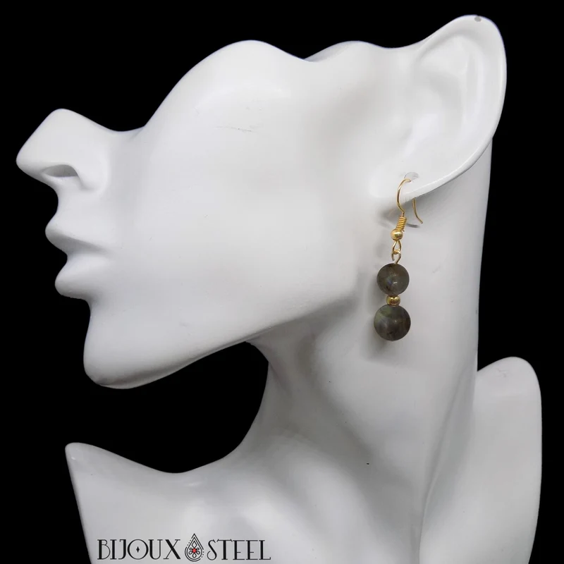 Boucles d'oreilles pendantes doubles perles de labradorite