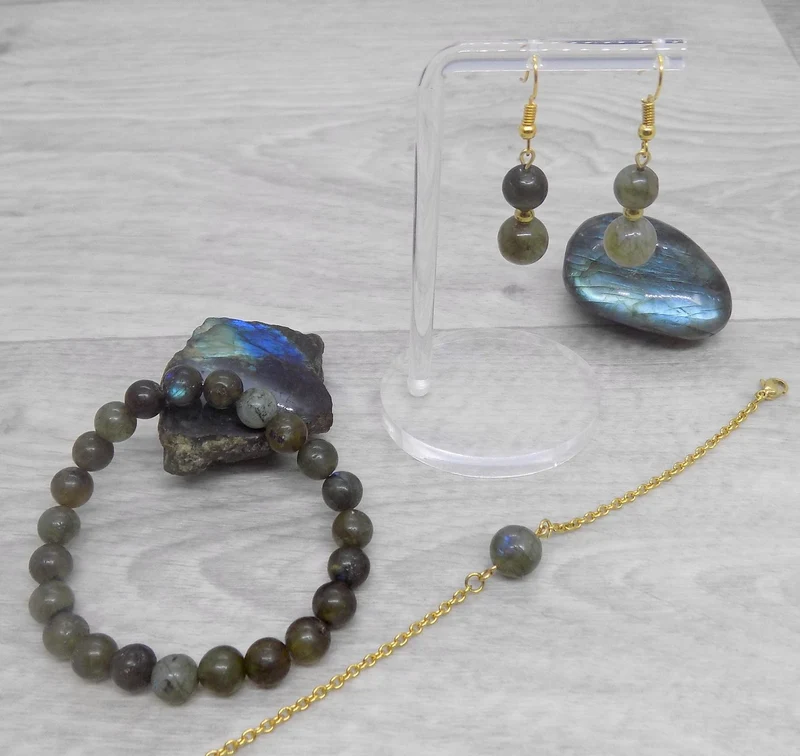 Boucles d'oreilles pendantes doubles perles de labradorite