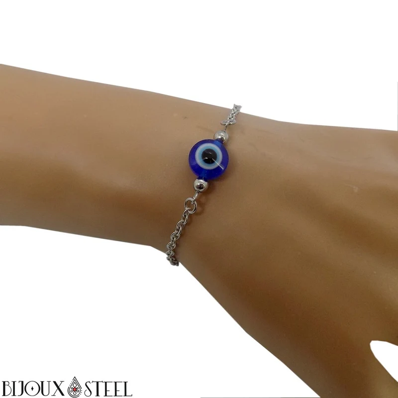 Bracelet de protection perle mauvais oeil en acier inoxydable