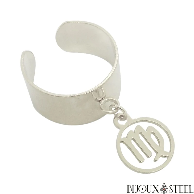 Bague large ajustable à pendentif signe astrologique vierge en acier inoxydable