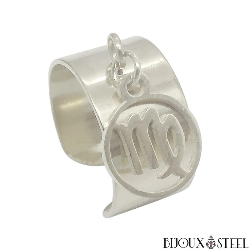 Bague large ajustable à pendentif signe astrologique vierge en acier inoxydable