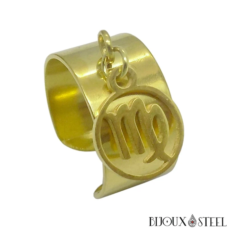 Bague large ajustable à pendentif signe astrologique vierge en acier inoxydable