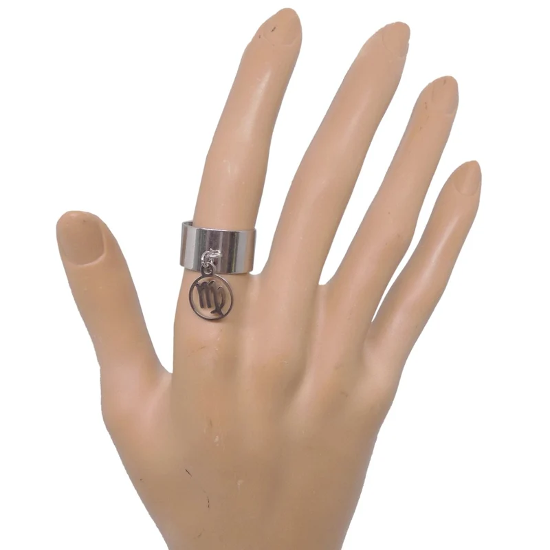 Bague large ajustable à pendentif signe astrologique vierge en acier inoxydable