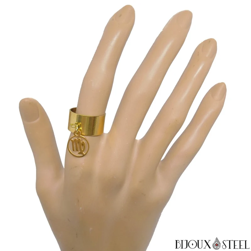 Bague large ajustable à pendentif signe astrologique vierge en acier inoxydable