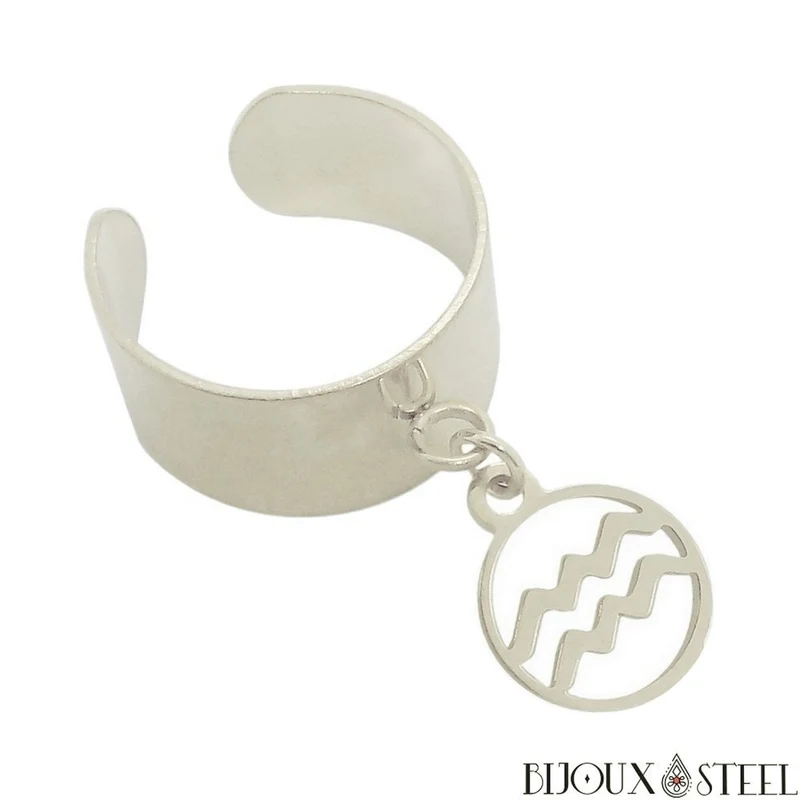 Bague large ajustable à pendentif signe astrologique verseau en acier inoxydable