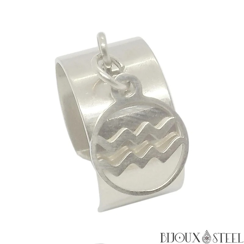 Bague large ajustable à pendentif signe astrologique verseau en acier inoxydable
