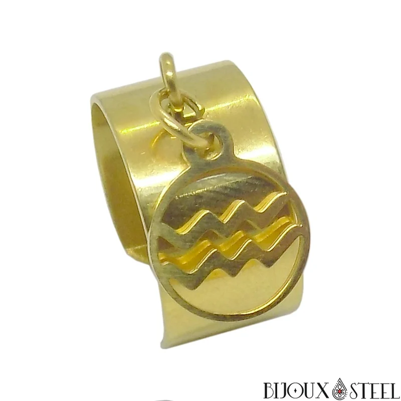 Bague large ajustable à pendentif signe astrologique verseau en acier inoxydable