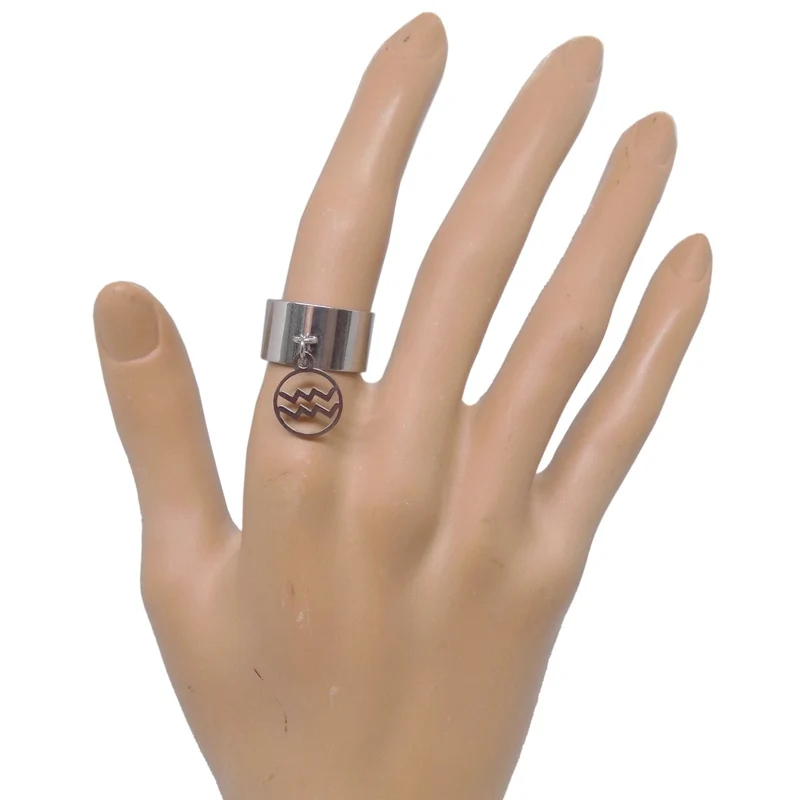 Bague large ajustable à pendentif signe astrologique verseau en acier inoxydable