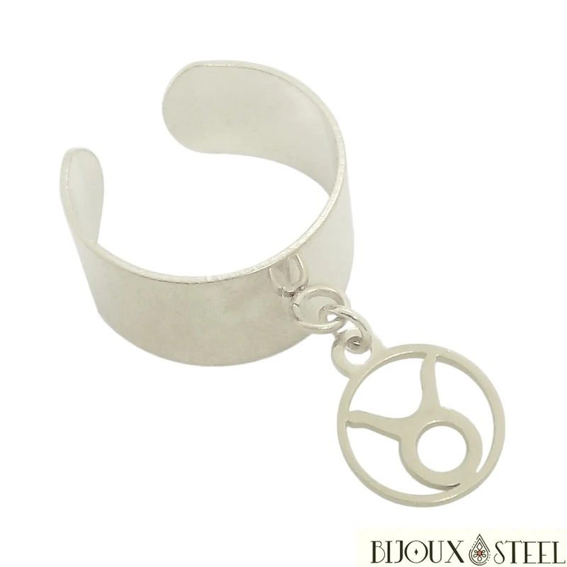 Bague large ajustable à pendentif signe astrologique taureau en acier inoxydable