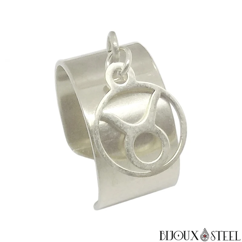 Bague large ajustable à pendentif signe astrologique taureau en acier inoxydable