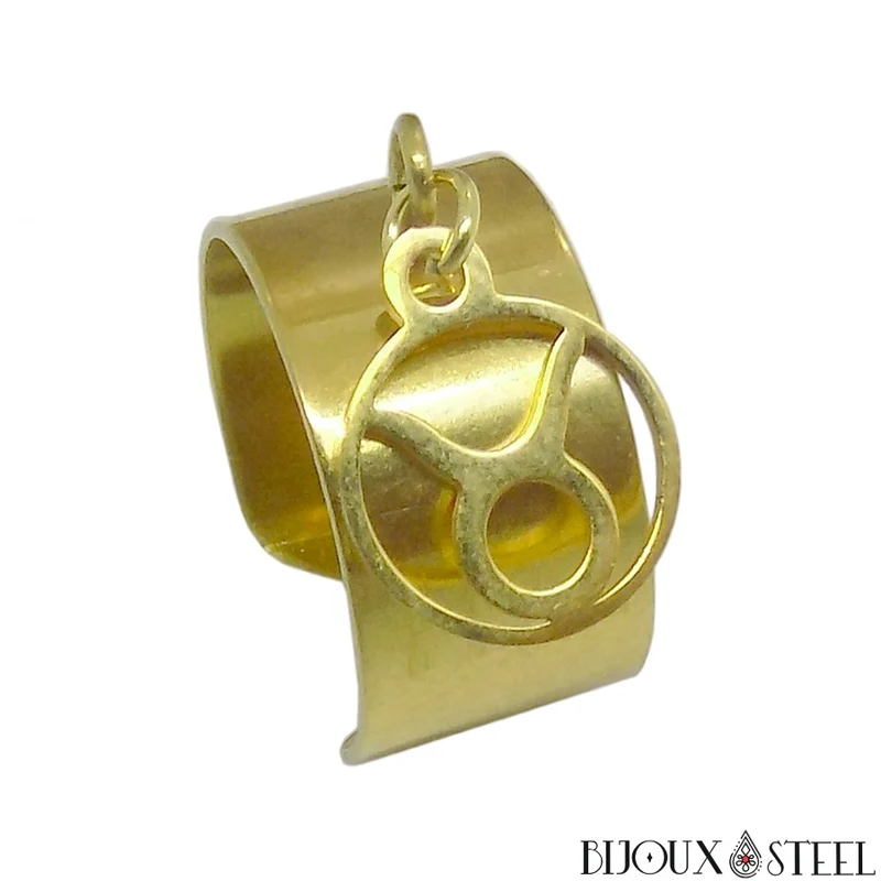 Bague large ajustable à pendentif signe astrologique taureau en acier inoxydable