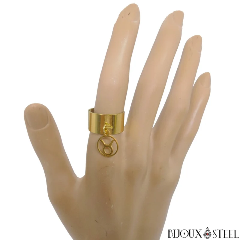 Bague large ajustable à pendentif signe astrologique taureau en acier inoxydable