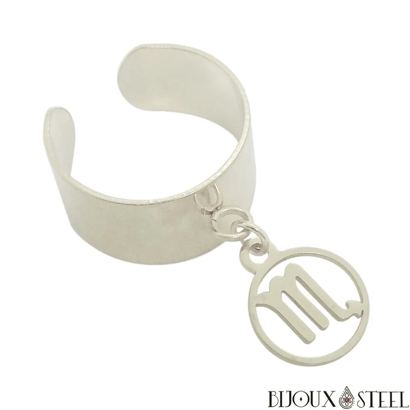 Bague large ajustable à pendentif signe astrologique scorpion en acier inoxydable