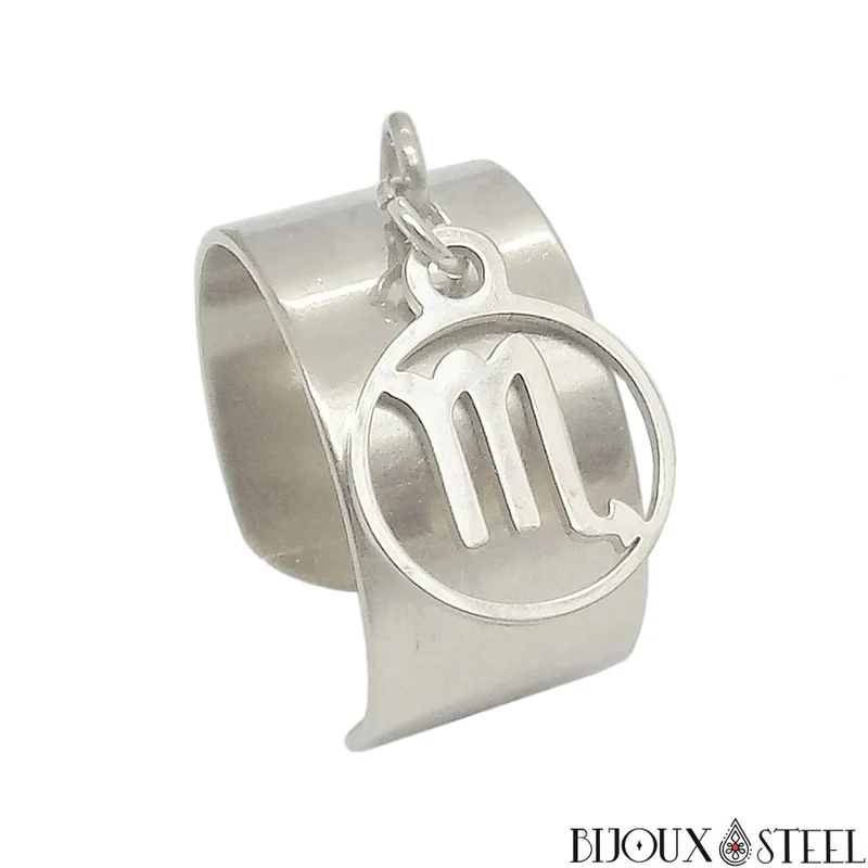 Bague large ajustable à pendentif signe astrologique scorpion en acier inoxydable
