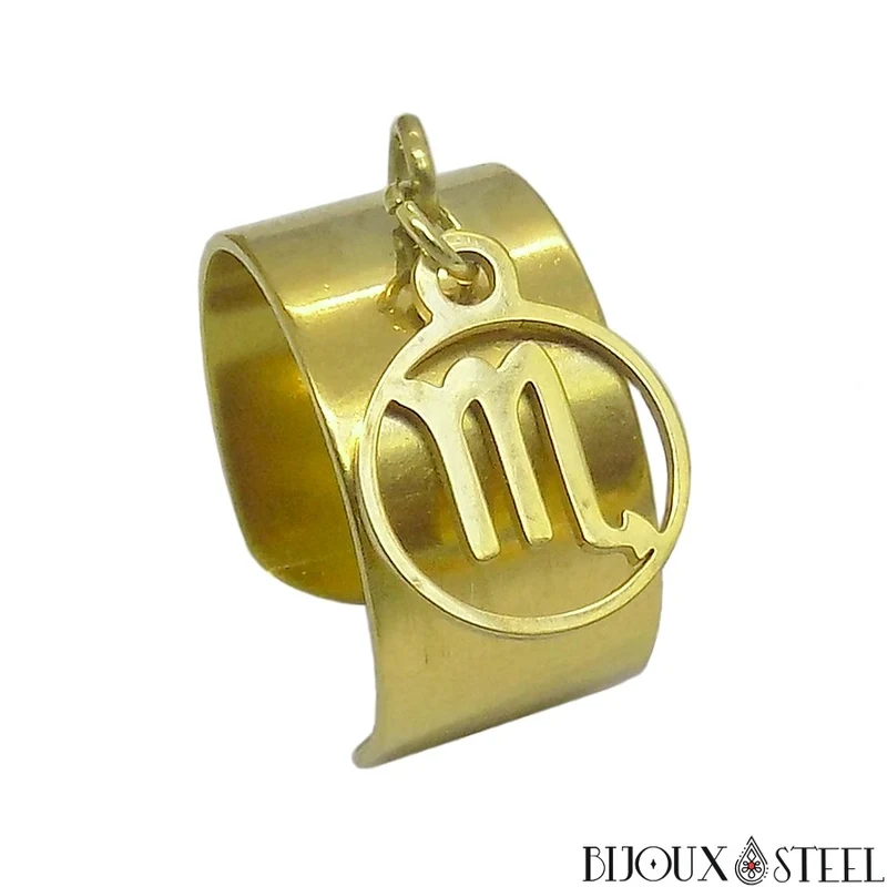 Bague large ajustable à pendentif signe astrologique scorpion en acier inoxydable