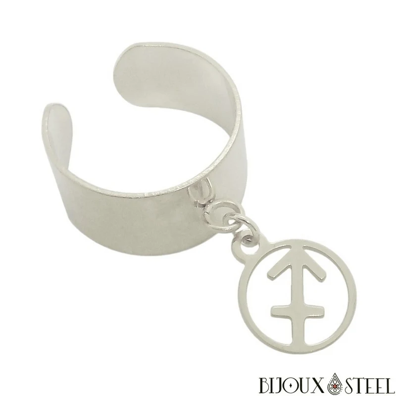 Bague large ajustable à pendentif signe astrologique sagittaire en acier inoxydable