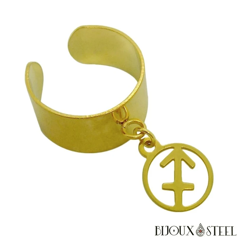 Bague large ajustable à pendentif signe astrologique sagittaire en acier inoxydable