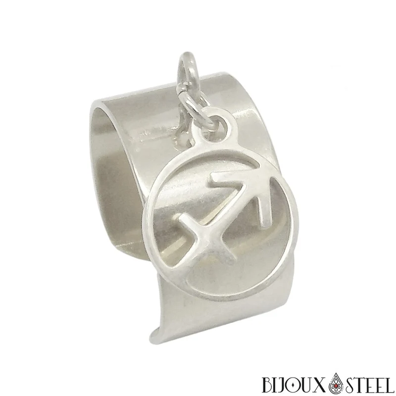 Bague large ajustable à pendentif signe astrologique sagittaire en acier inoxydable