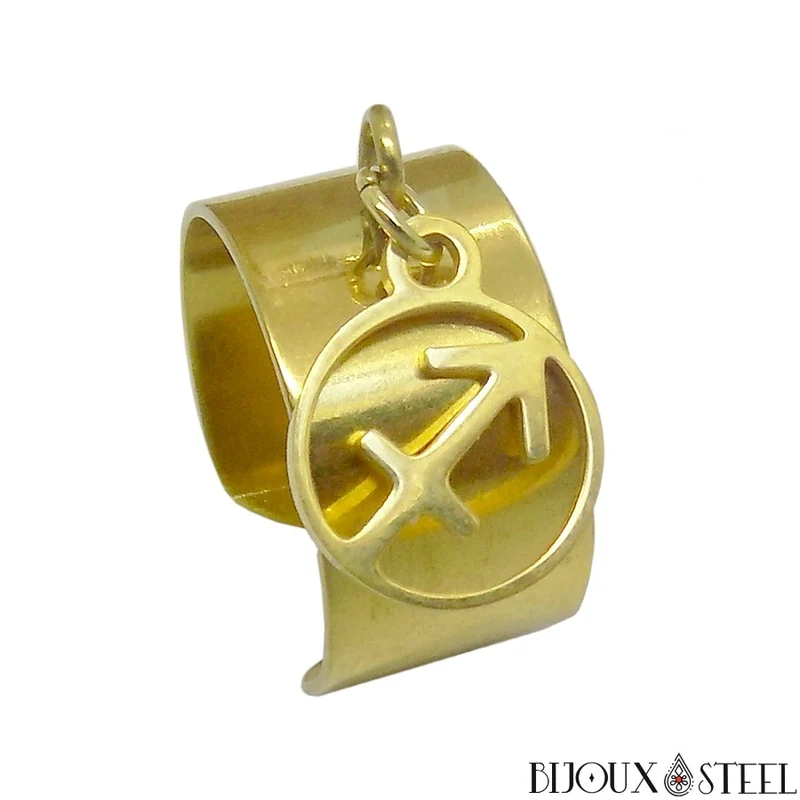 Bague large ajustable à pendentif signe astrologique sagittaire en acier inoxydable