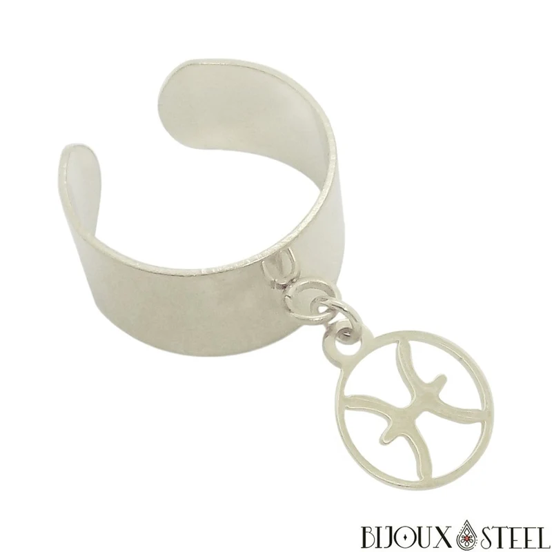 Bague large ajustable à pendentif signe astrologique poissons en acier inoxydable