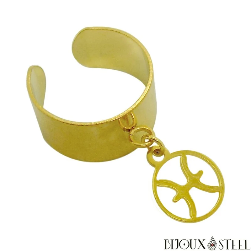 Bague large ajustable à pendentif signe astrologique poissons en acier inoxydable