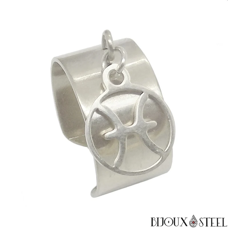 Bague large ajustable à pendentif signe astrologique poissons en acier inoxydable