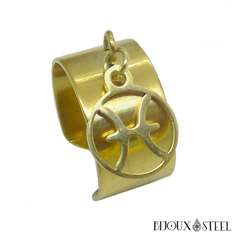 Bague large ajustable à pendentif signe astrologique poissons en acier inoxydable