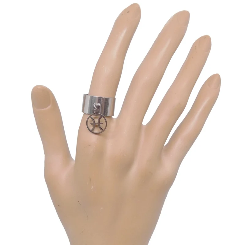 Bague large ajustable à pendentif signe astrologique poissons en acier inoxydable
