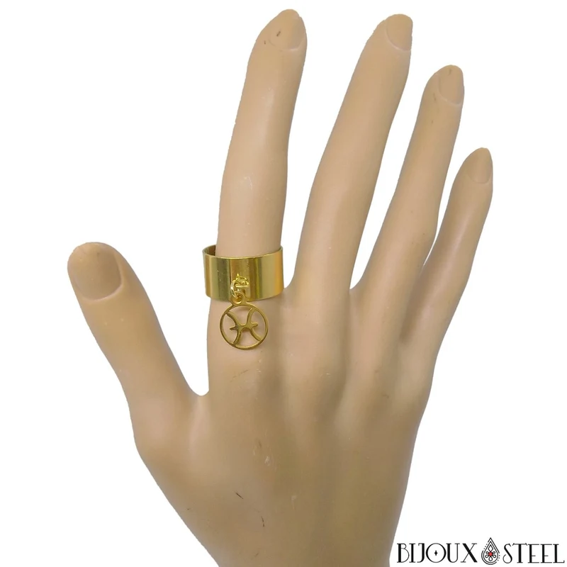 Bague large ajustable à pendentif signe astrologique poissons en acier inoxydable