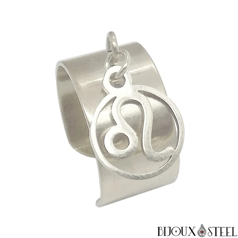 Bague large ajustable à pendentif signe astrologique lion en acier inoxydable