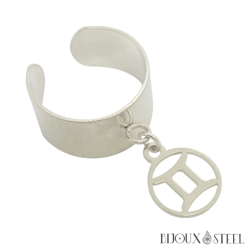 Bague large ajustable à pendentif signe astrologique gémeaux en acier inoxydable