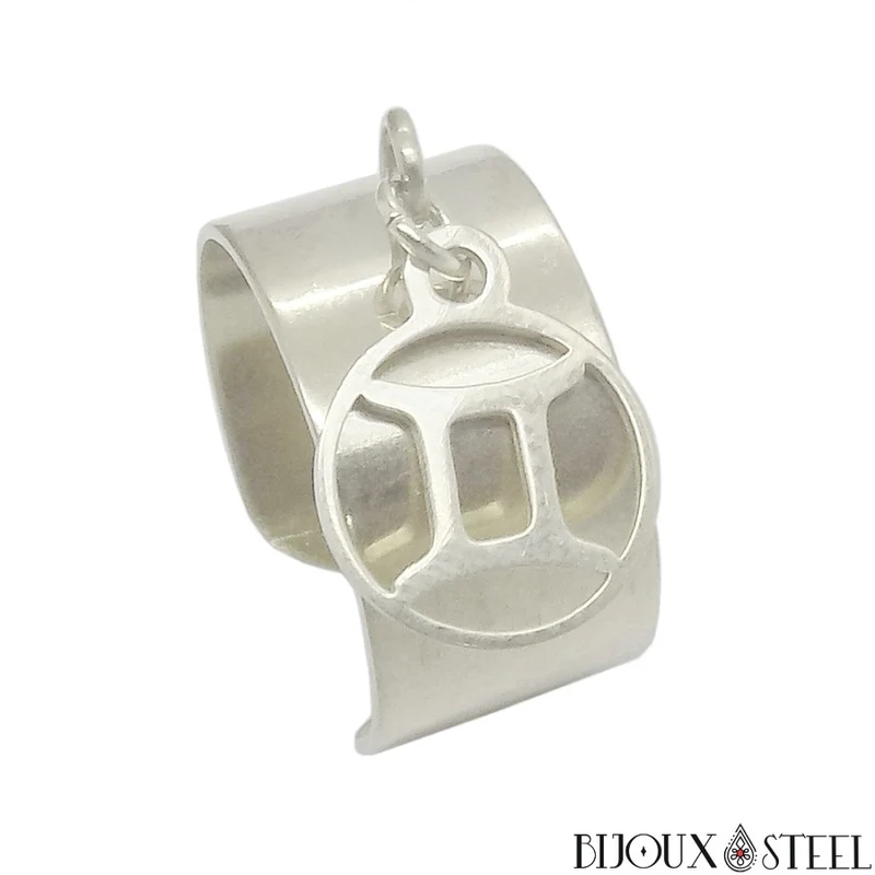 Bague large ajustable à pendentif signe astrologique gémeaux en acier inoxydable