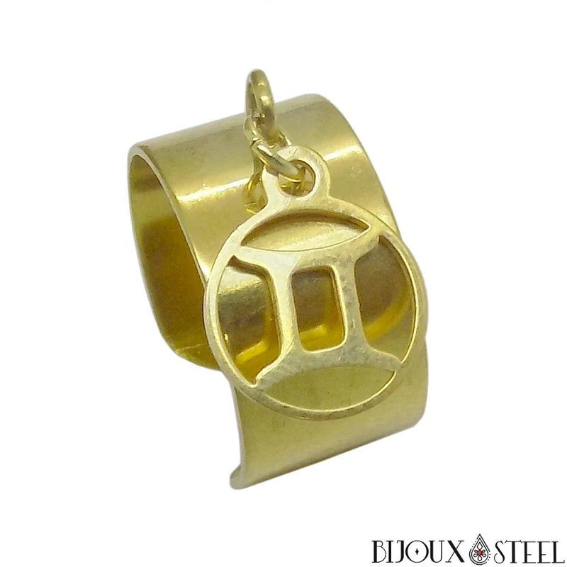 Bague large ajustable à pendentif signe astrologique gémeaux en acier inoxydable
