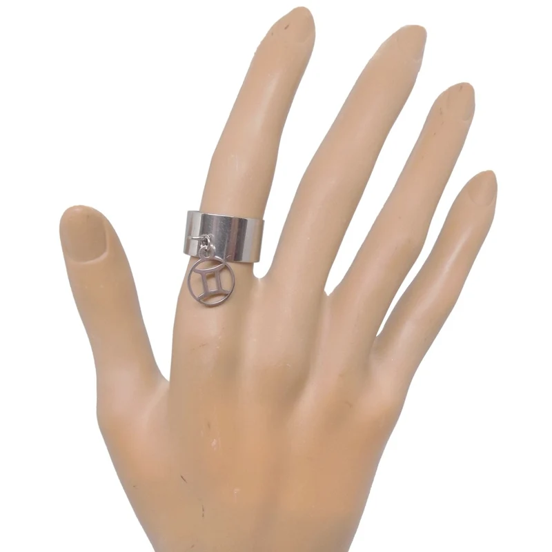 Bague large ajustable à pendentif signe astrologique gémeaux en acier inoxydable