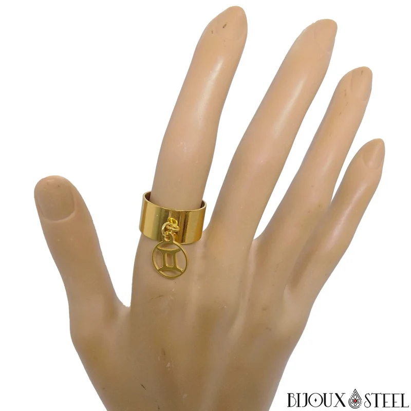 Bague large ajustable à pendentif signe astrologique gémeaux en acier inoxydable