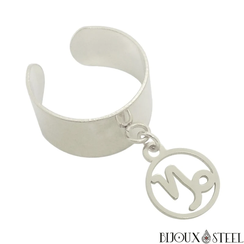 Bague large ajustable à pendentif signe astrologique capricorne en acier inoxydable