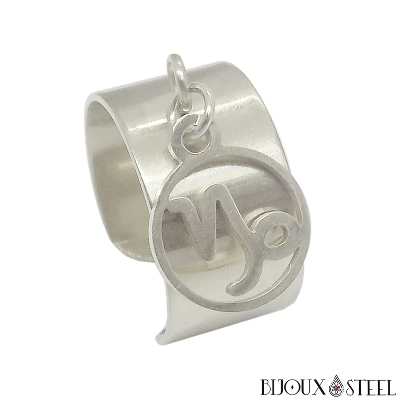 Bague large ajustable à pendentif signe astrologique capricorne en acier inoxydable