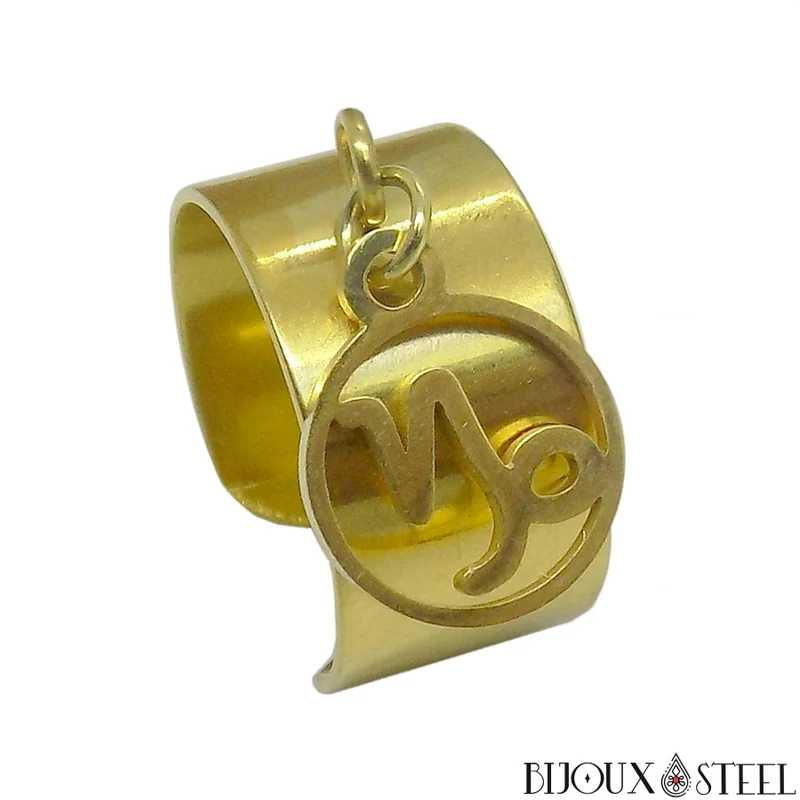 Bague large ajustable à pendentif signe astrologique capricorne en acier inoxydable