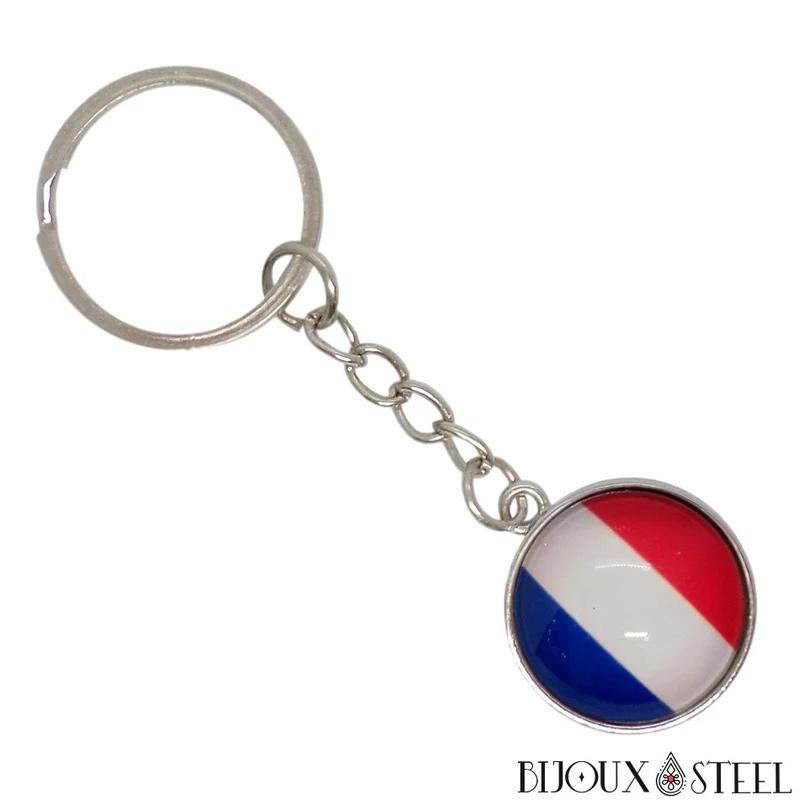 Porte-clés tricolore drapeau de la France argenté