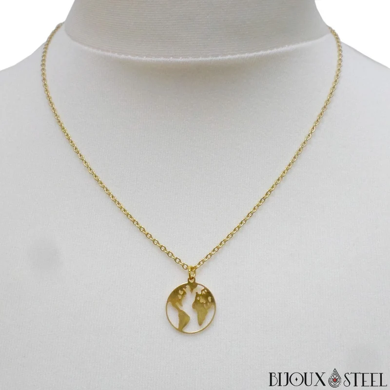 Collier à pendentif carte du monde globe en acier inoxydable