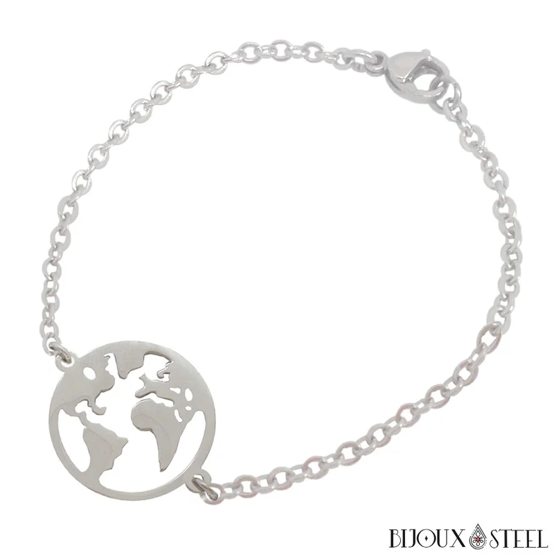 Bracelet carte du monde globe en acier chirurgical