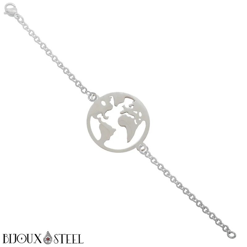 Bracelet carte du monde globe en acier chirurgical