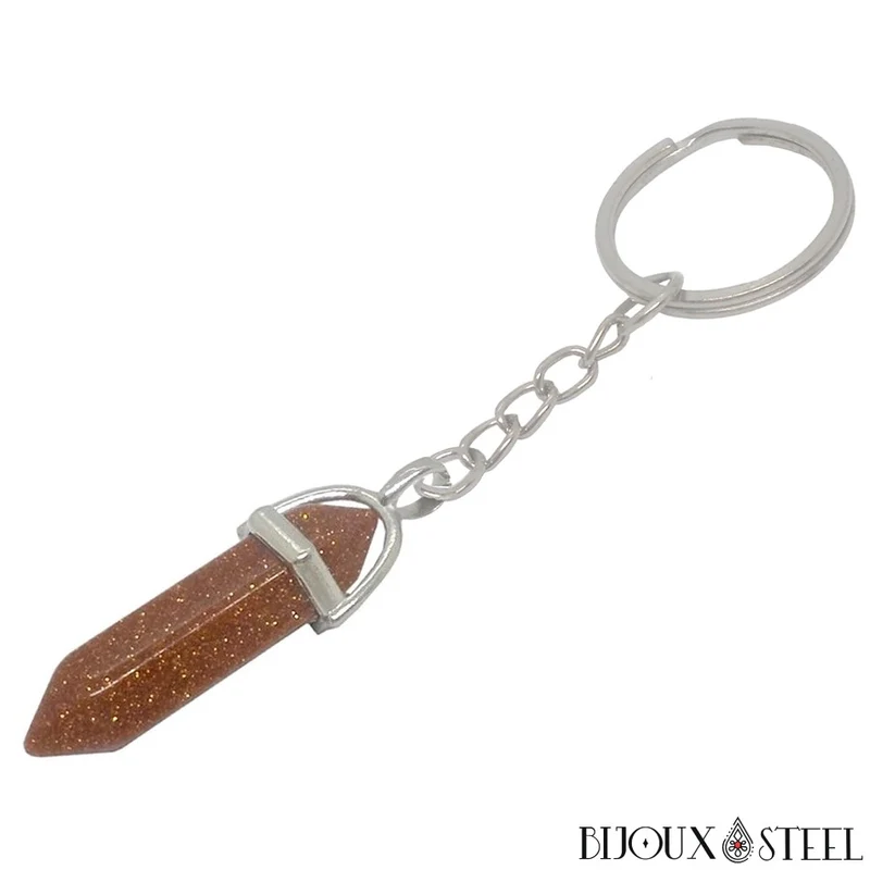 Porte-clés hexagonal à pointe de goldstone en verre